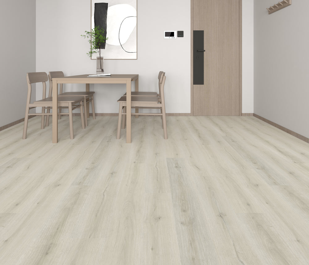 Sol SPC clipsable effet chêne blanc grisé STOCKHOLM 6,5 mm IXPE intégrée LIMCARO
