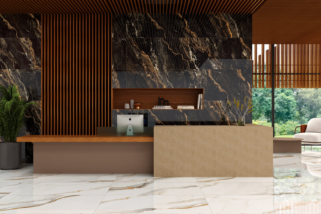 Carrelage sol / mur effet marbre LYTHOS BLACK  l.60 x L.120 cm Brillant LIMCARO