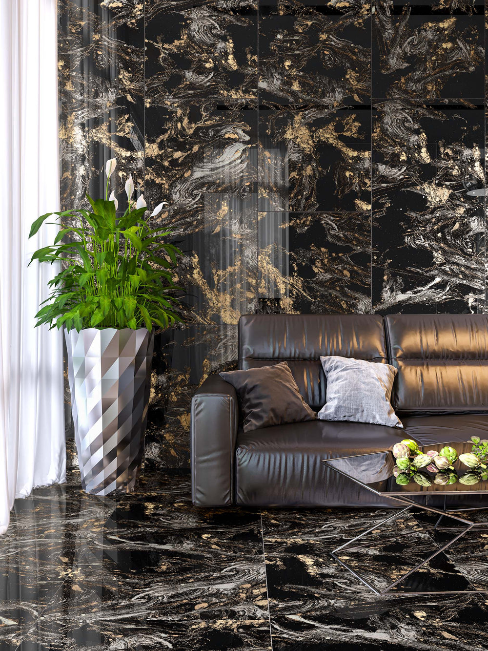 Carrelage sol/mur effet marbre noir doré MAGNIFIQUE BLACK l.60 x L.120 cm Brillant LIMCARO