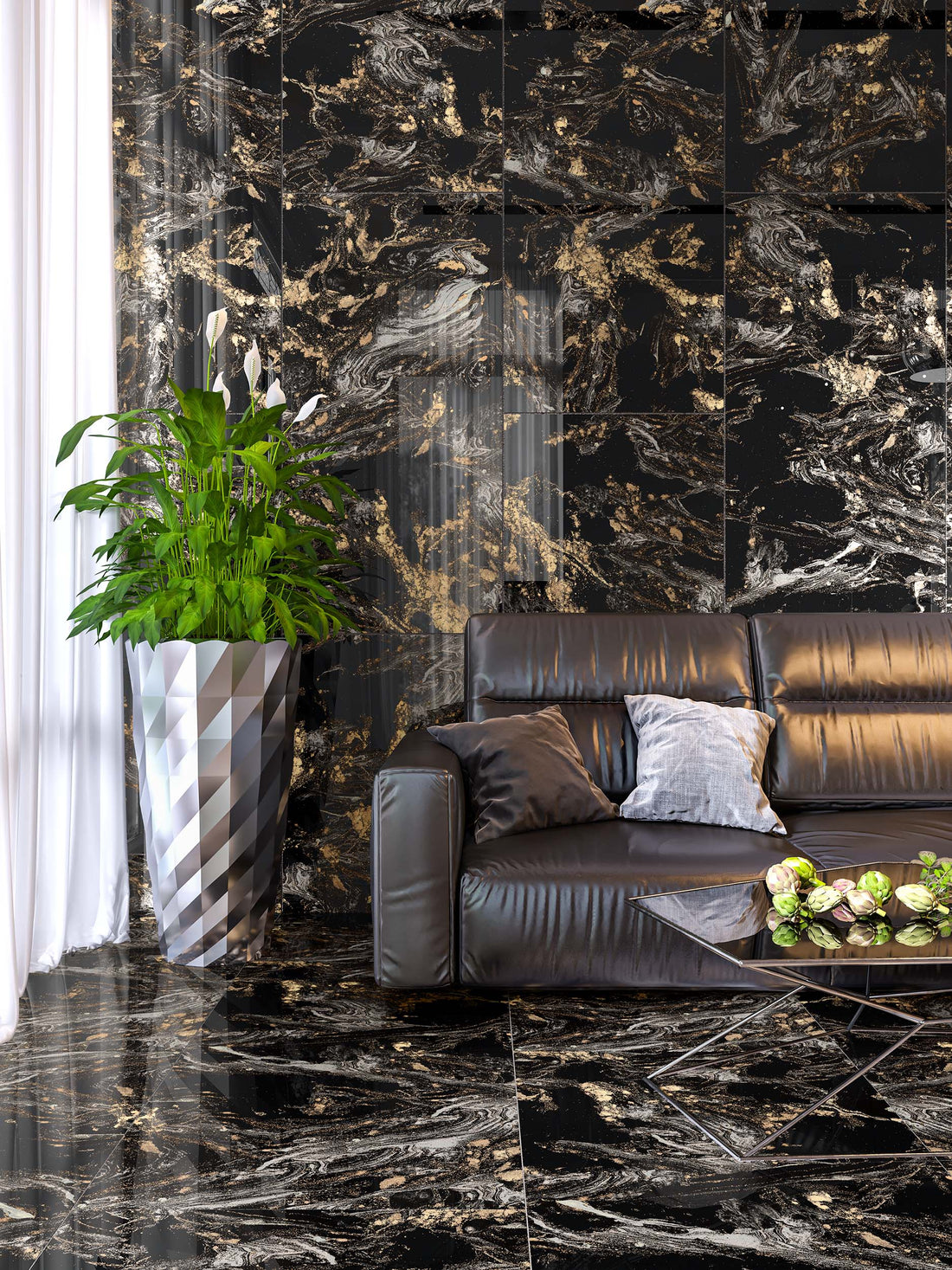 Carrelage sol/mur effet marbre noir doré MAGNIFIQUE BLACK l.60 x L.120 x 0,7 cm Full Lappato LIMCARO(paquet de 2.16 m2)